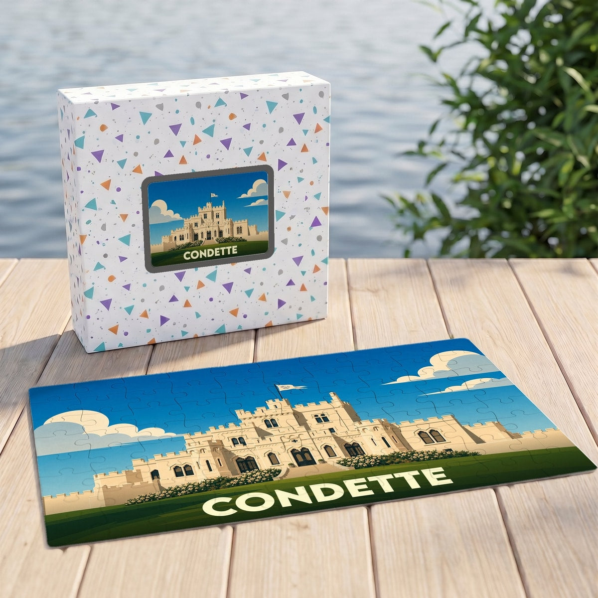 Puzzle souvenir de la ville de Condette avec une illustration stylisée du château local.