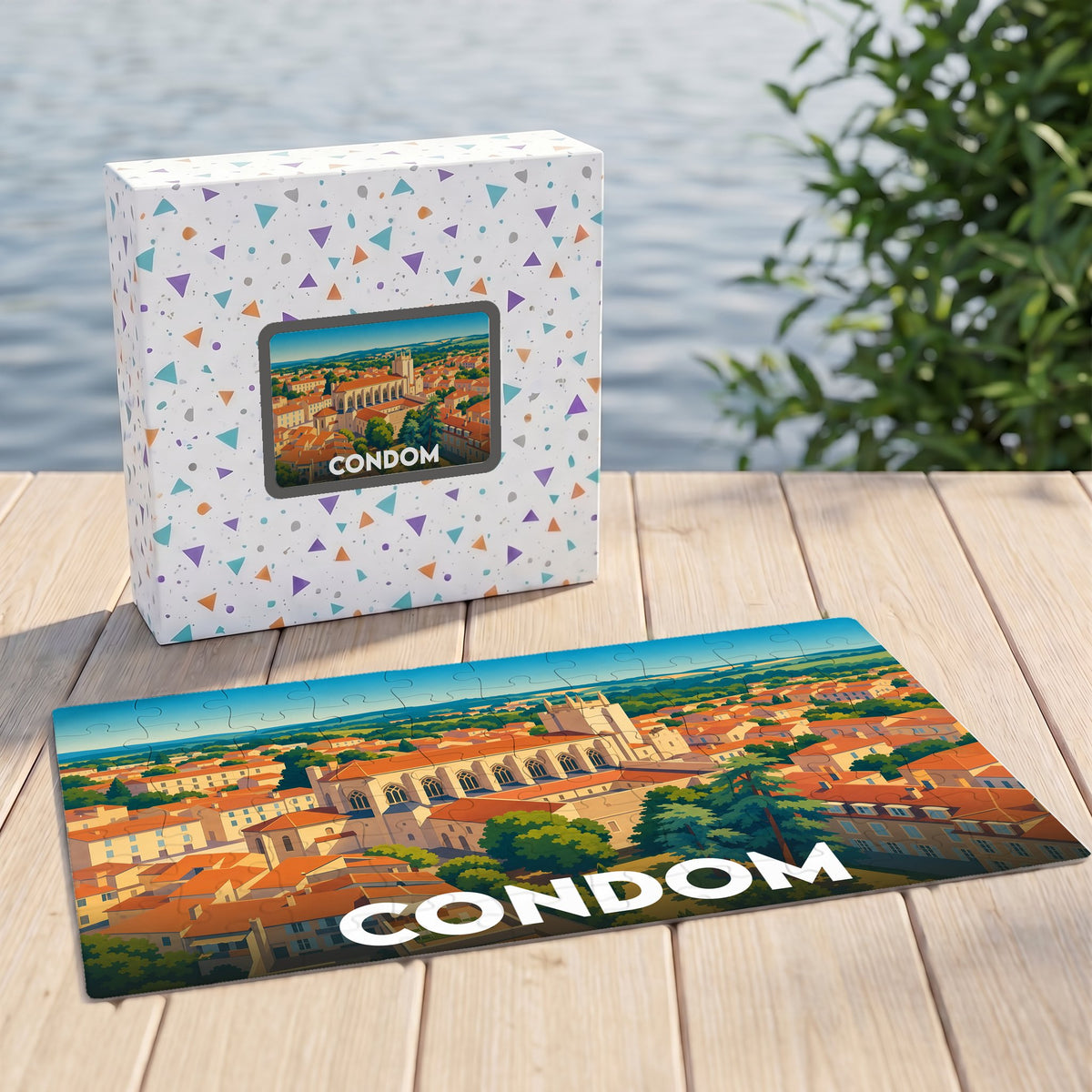 Puzzle souvenir de la ville de Condom avec une illustration stylisée et colorée de son paysage urbain.