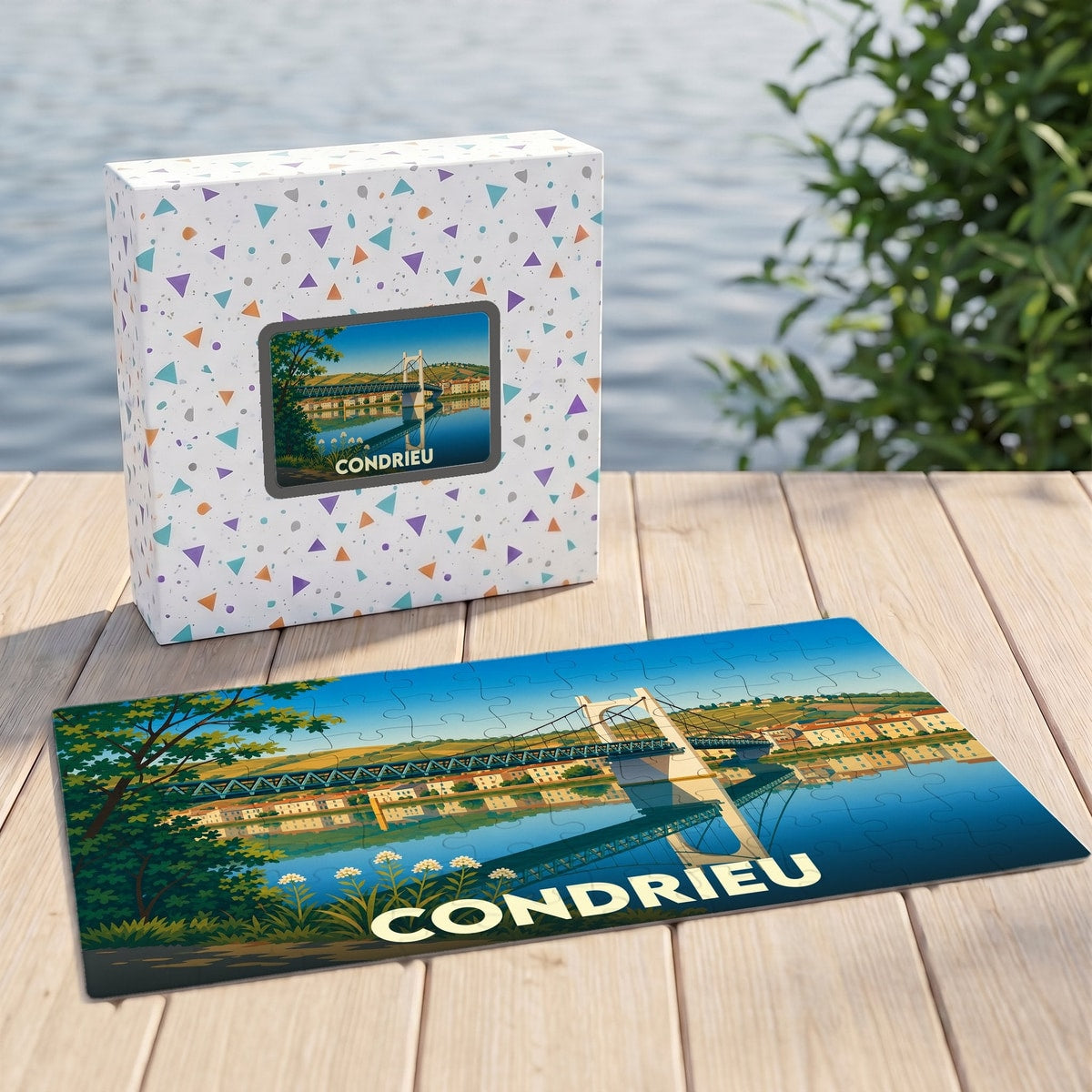 Puzzle souvenir de la ville de Condrieu avec une illustration stylisée de son pont se reflétant dans le Rhône.
