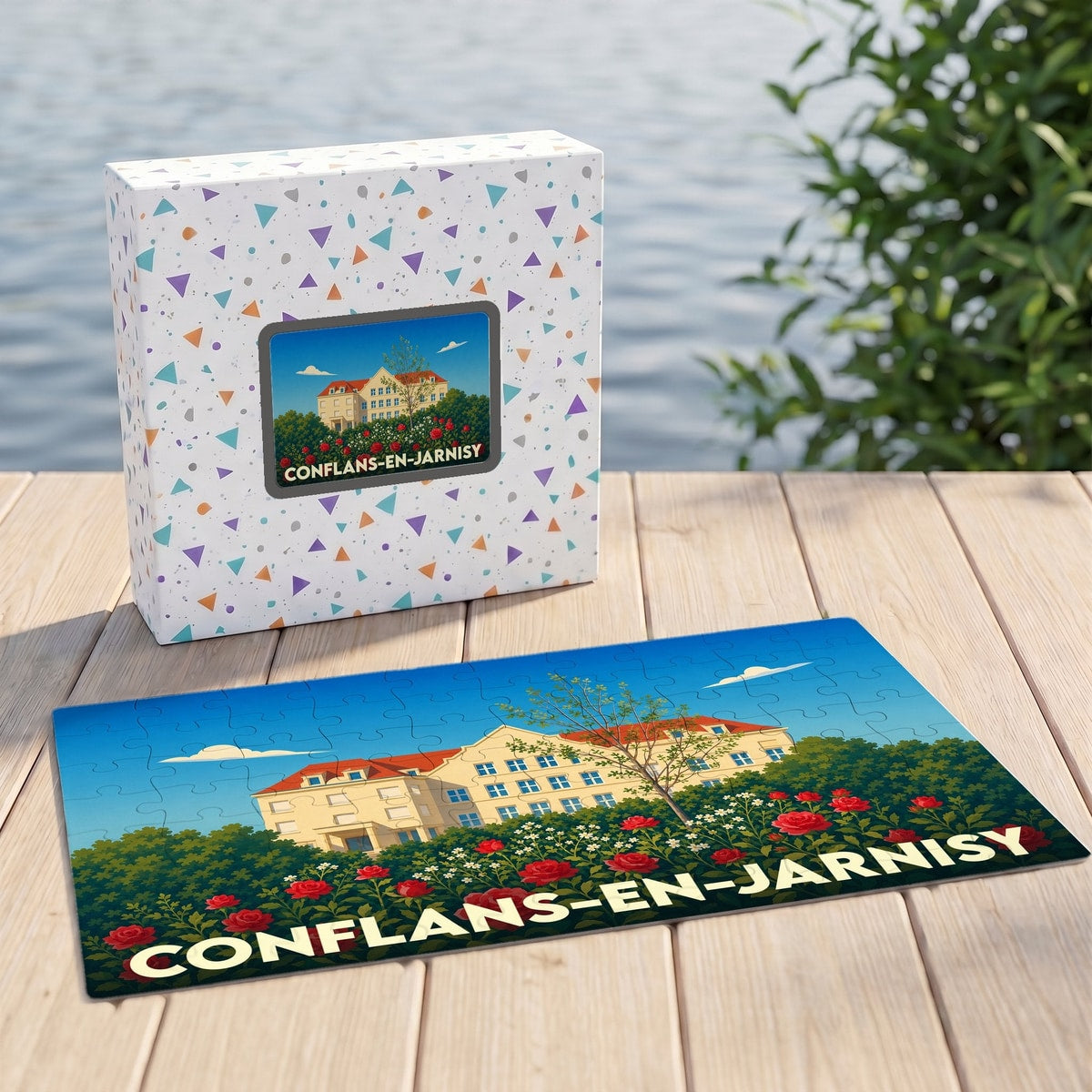 Puzzle souvenir de la ville de Conflans-en-Jarnisy avec son illustration assortie sur la boîte.