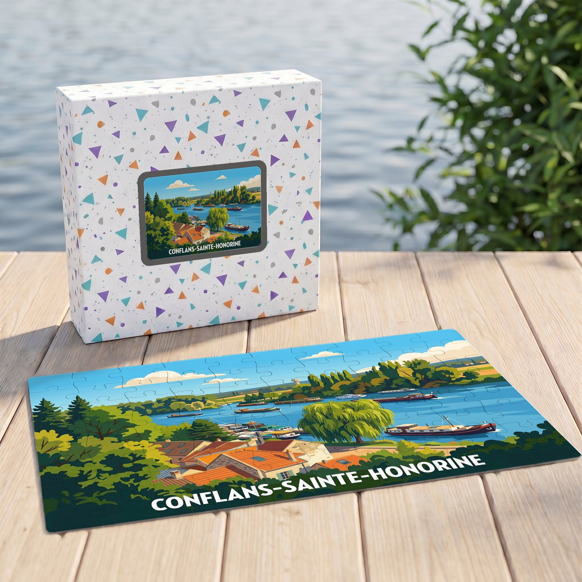 Puzzle souvenir de la ville de Conflans-Sainte-Honorine avec une illustration stylisée d'un paysage fluvial.