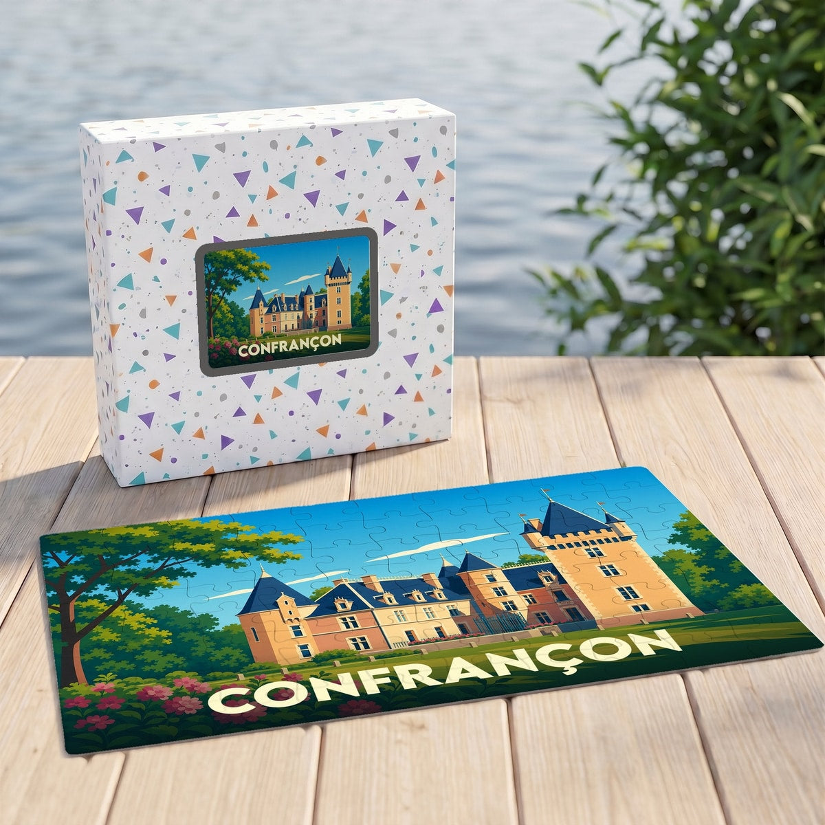 Puzzle souvenir de la ville de Confrançon illustrant un château stylisé.