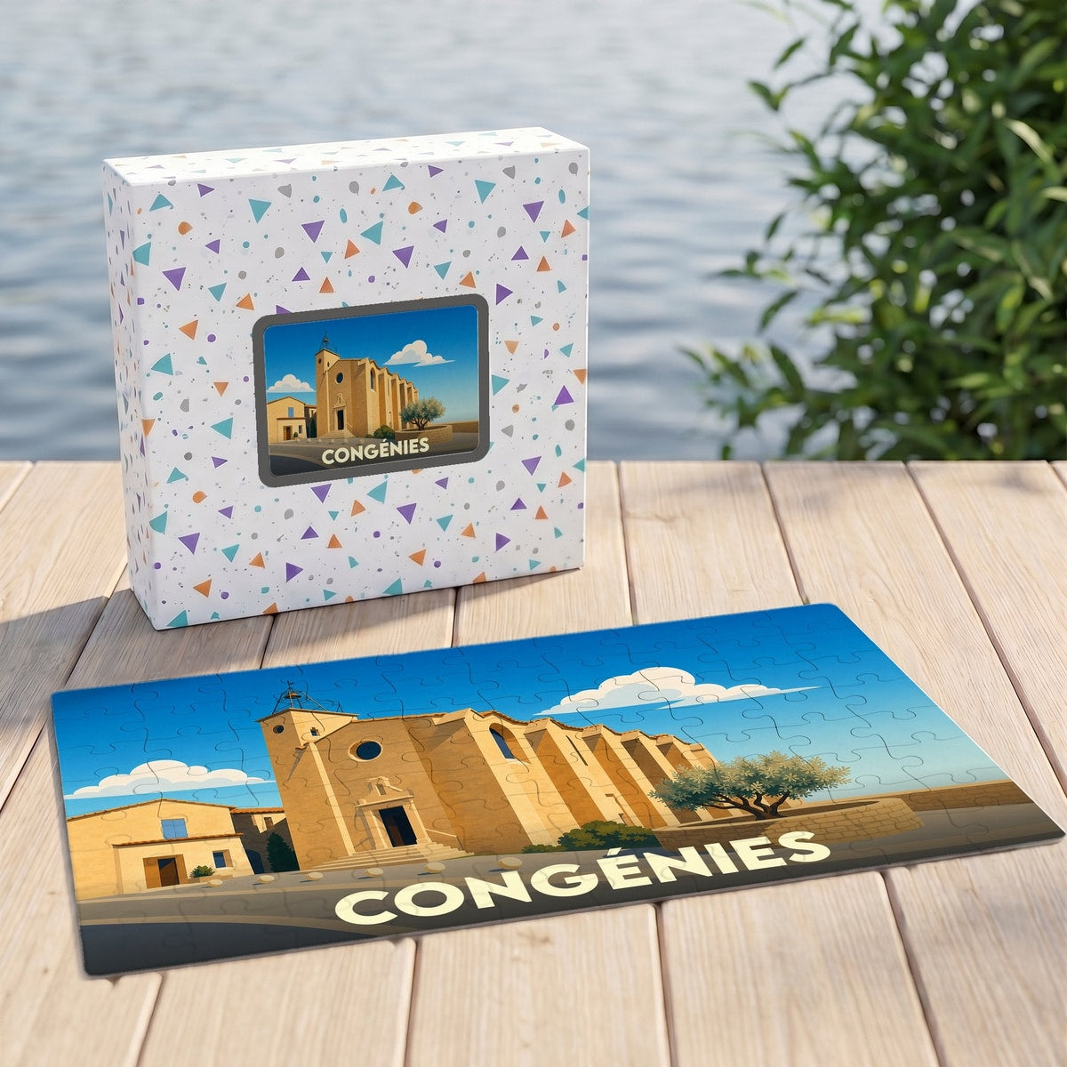 Puzzle souvenir de la ville de Congénies avec une illustration stylisée de son église et de ses maisons typiques.