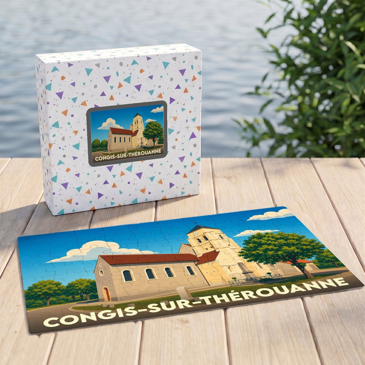 Puzzle souvenir de la ville de Congis-sur-Thérouanne avec une illustration stylisée de son église.
