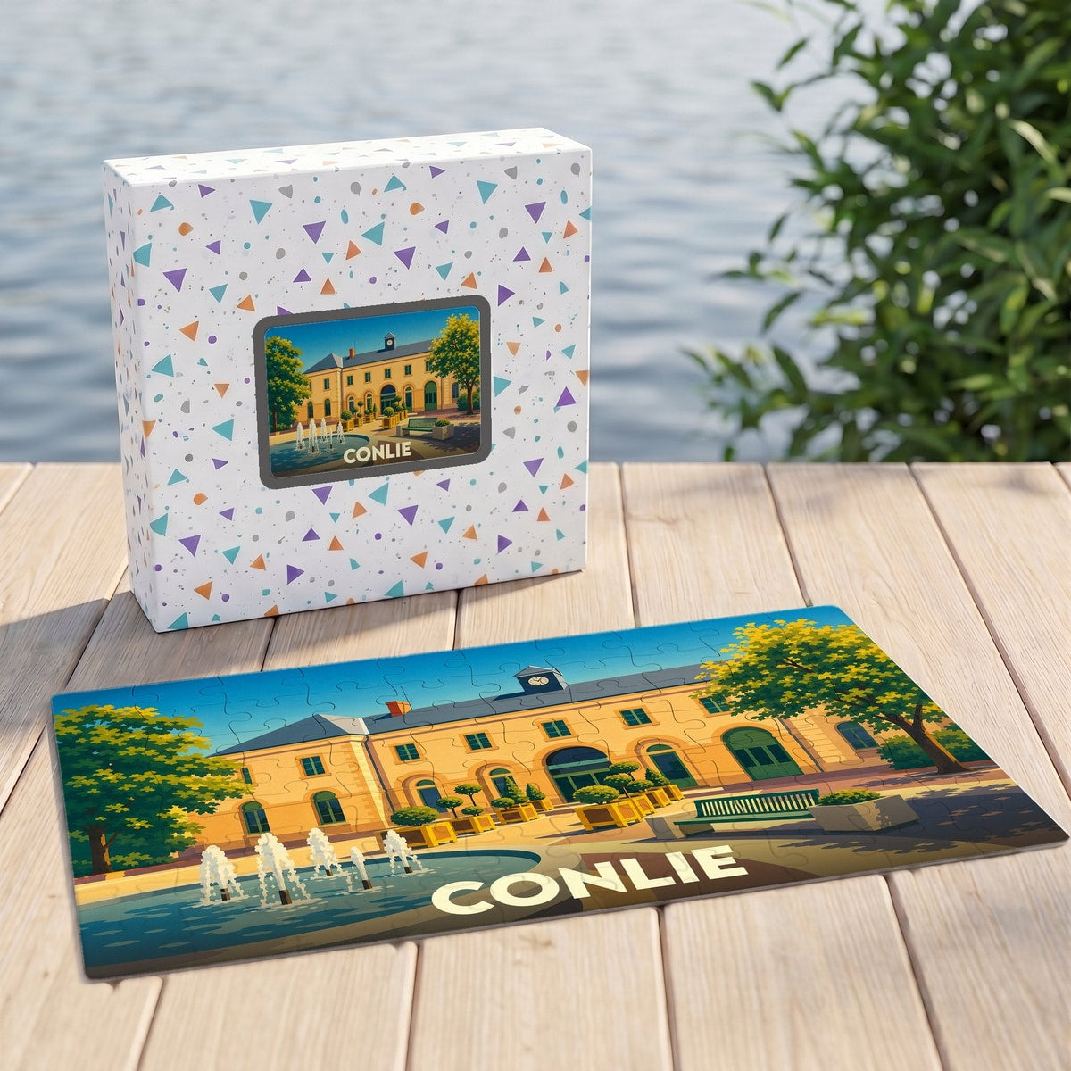 Puzzle souvenir de la ville de Conlie illustrant son patrimoine architectural avec un style graphique coloré.