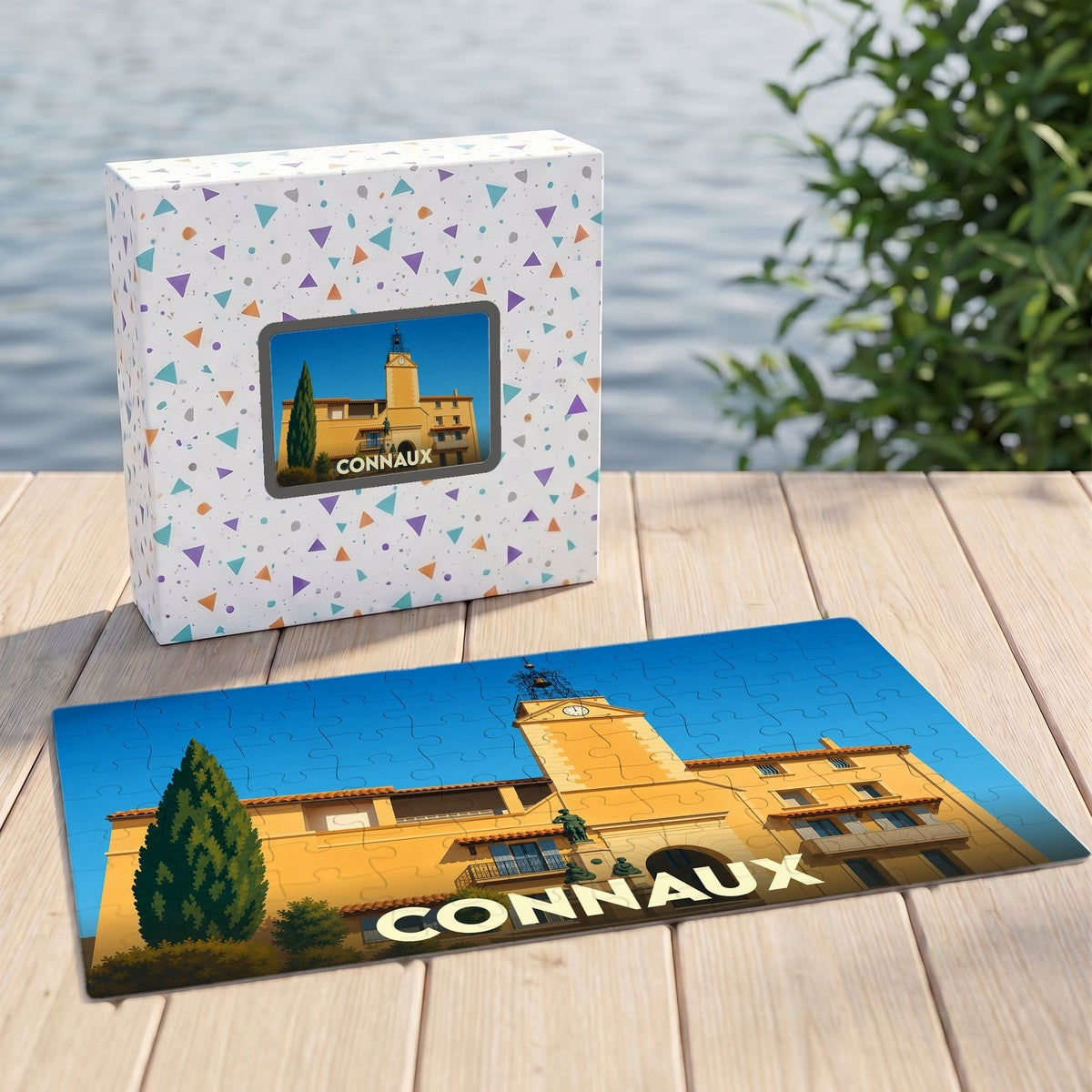 Puzzle souvenir de la ville de Connaux illustrant son patrimoine avec un style graphique épuré.