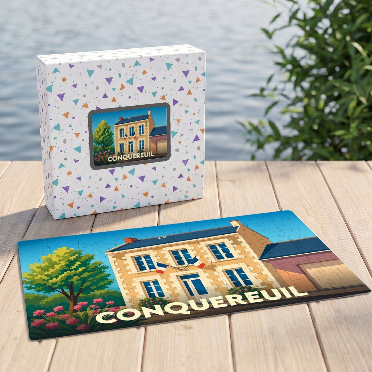 Puzzle souvenir de la ville de Conquereuil présentant une illustration stylisée de sa mairie.