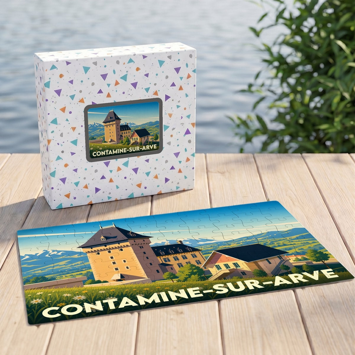 Puzzle souvenir de la ville de Contamine-sur-Arve avec une illustration stylisée de son paysage et de ses monuments.