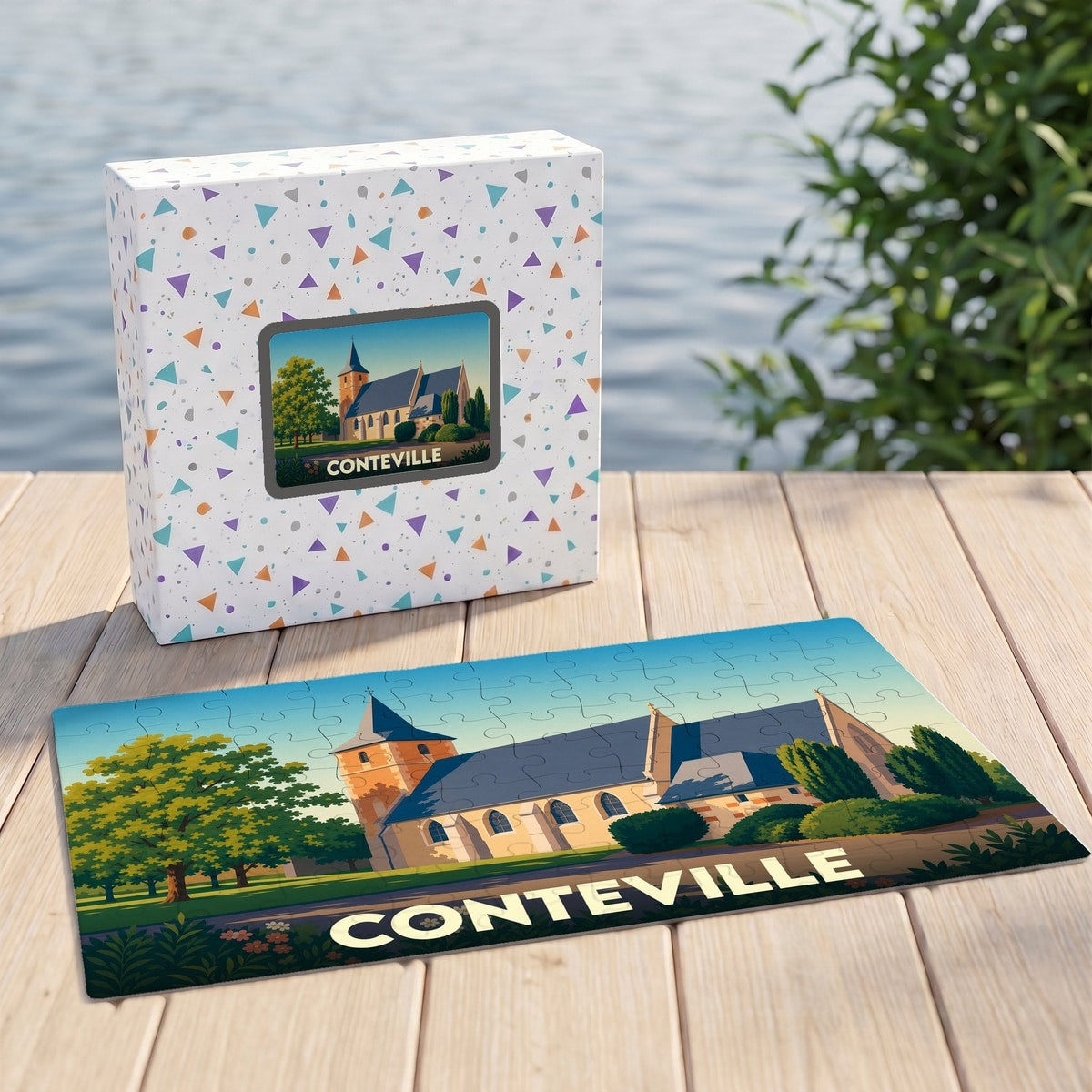 Puzzle souvenir de la ville de Conteville avec une illustration stylisée de son église.