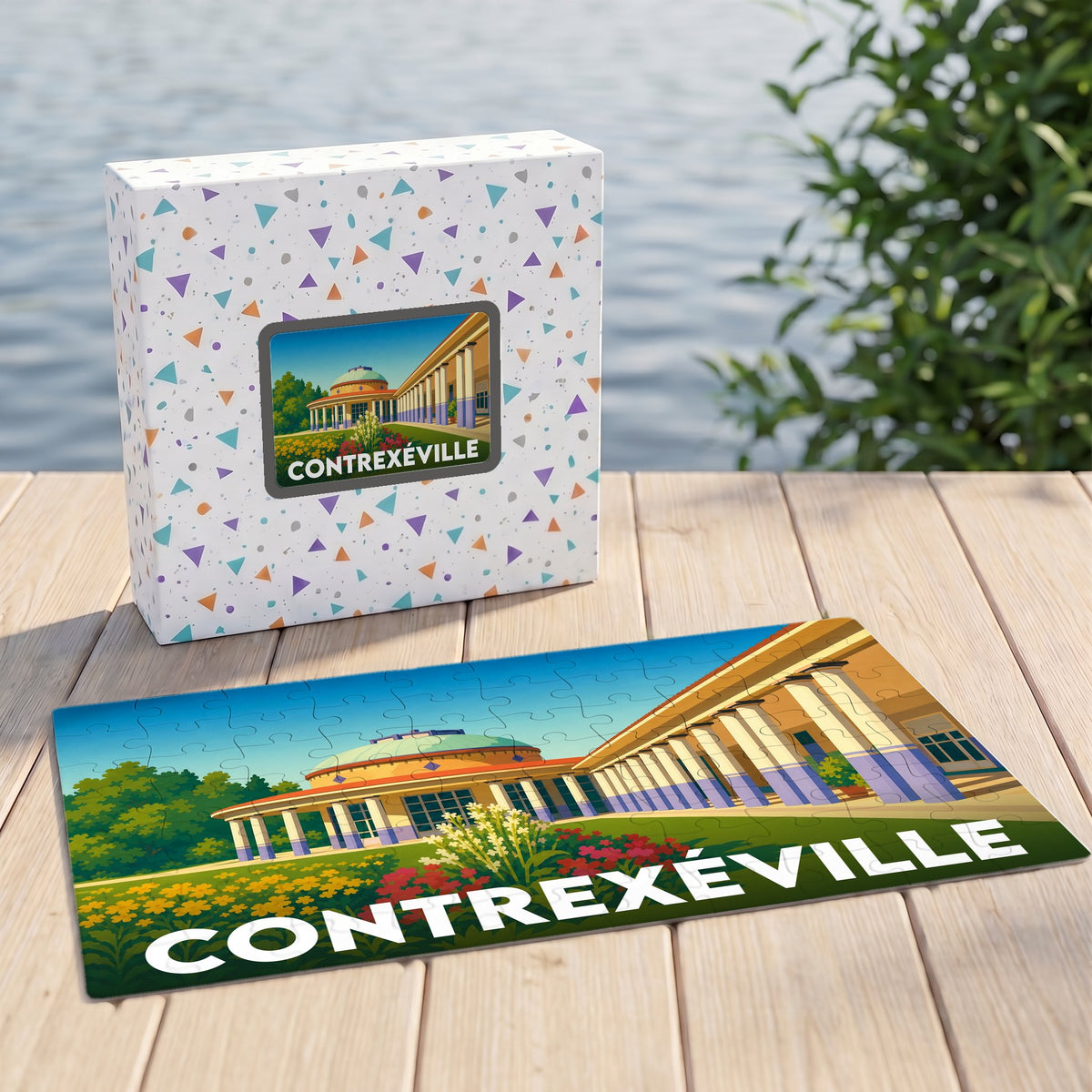 Puzzle souvenir de la ville de Contrexéville avec une illustration stylisée d'un établissement thermal.