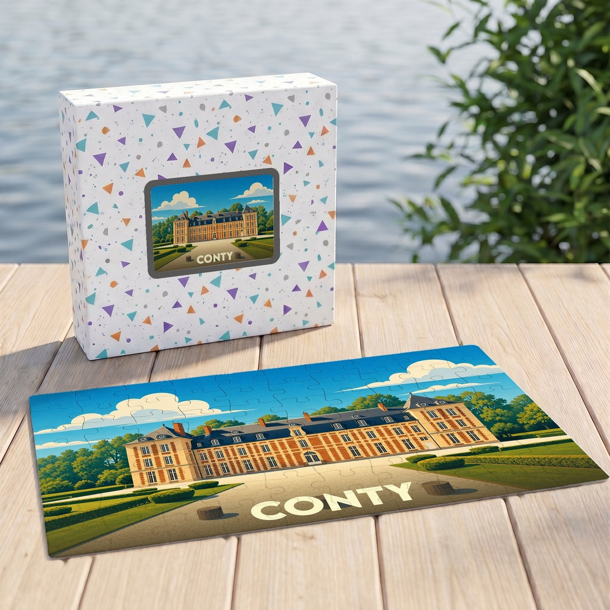 Puzzle souvenir de la ville de Conty avec une illustration stylisée de son château.