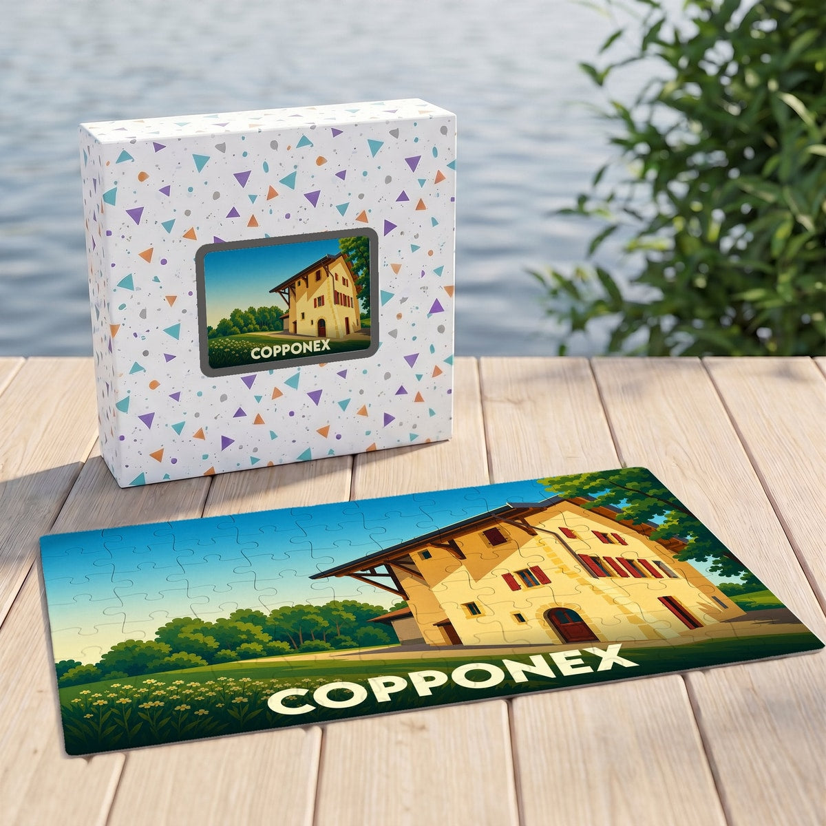 Puzzle souvenir de la ville de Copponex illustrant une maison traditionnelle dans un style graphique épuré.