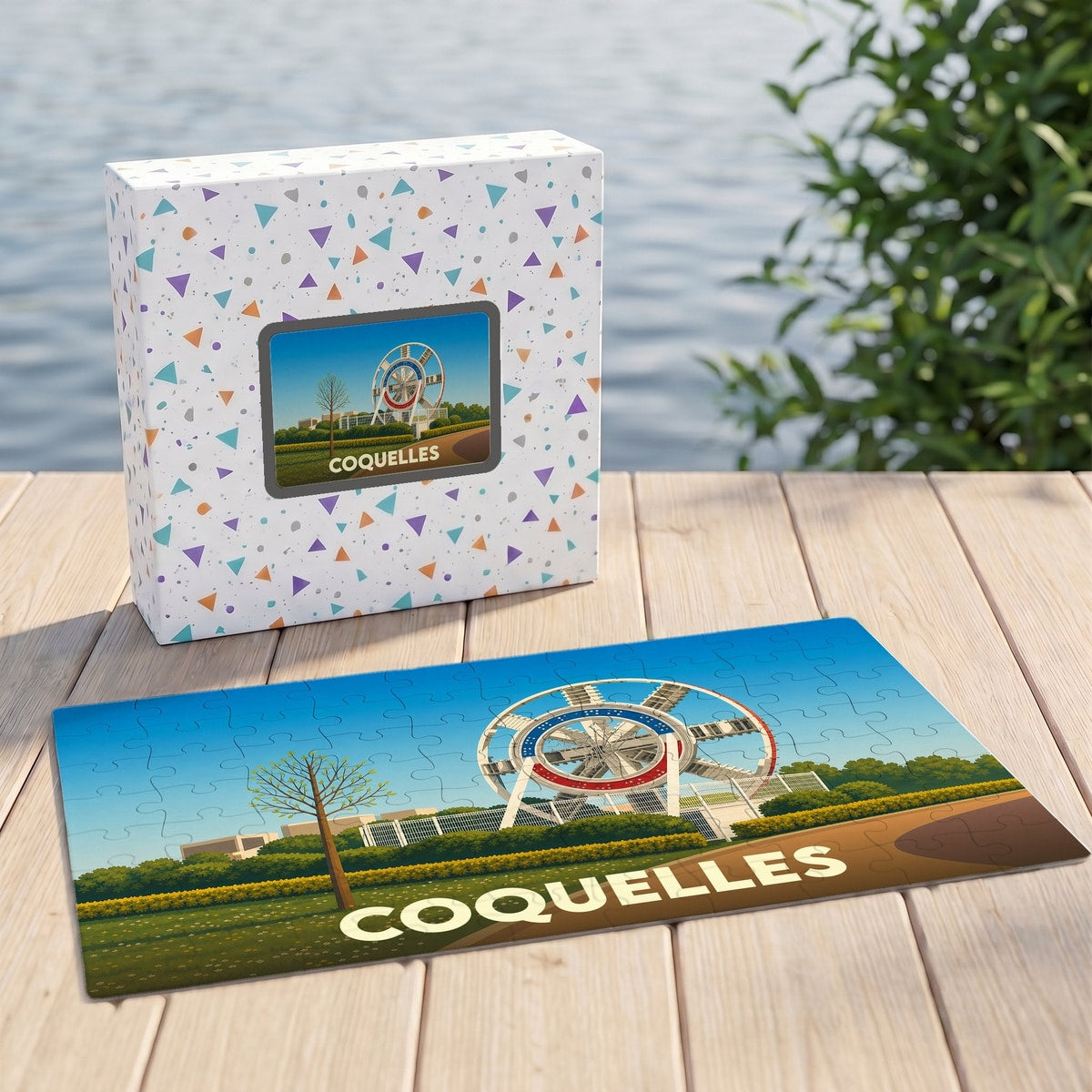Puzzle souvenir de la ville de Coquelles avec une illustration stylisée.