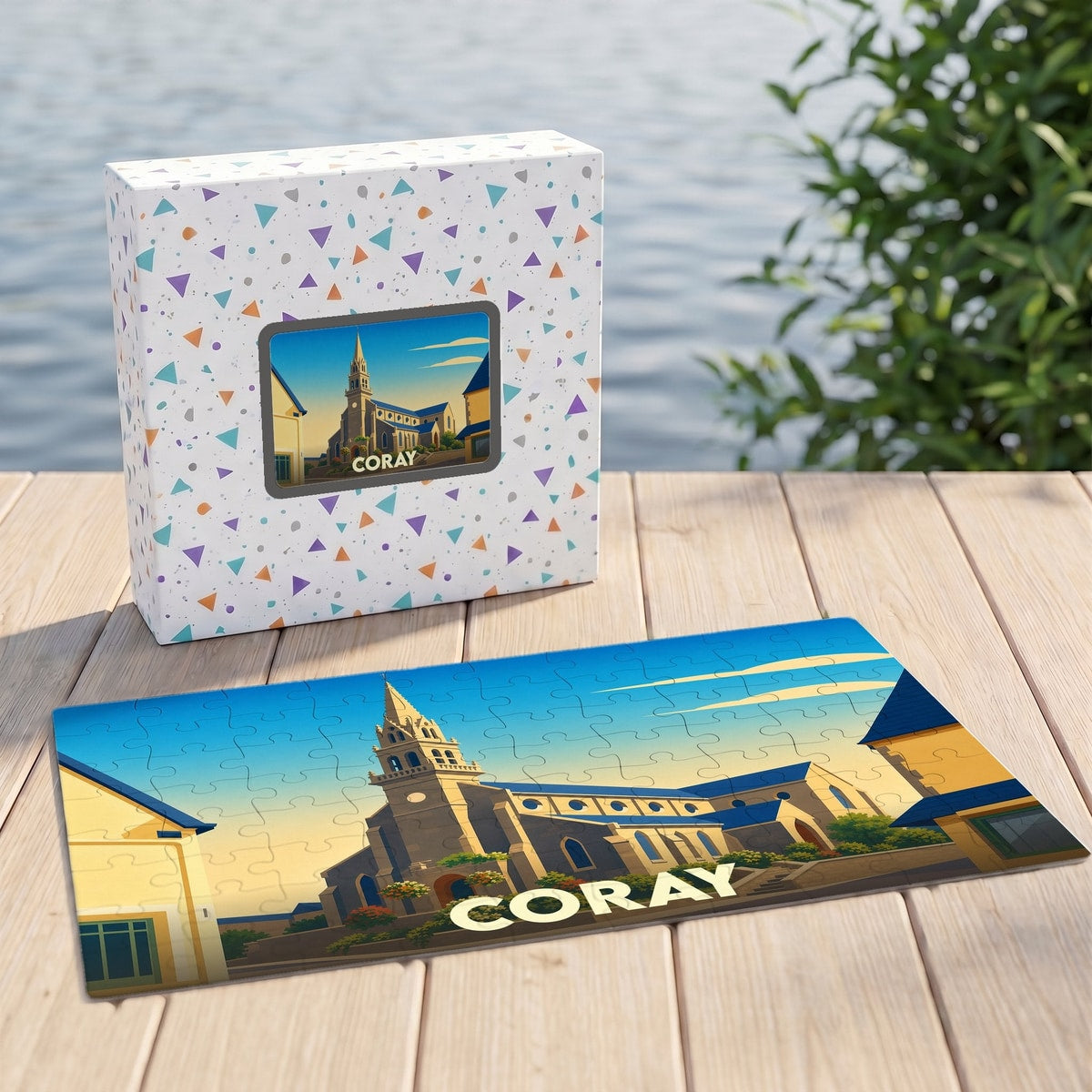 Puzzle souvenir de la ville de Coray illustrant son église dans un style graphique épuré.