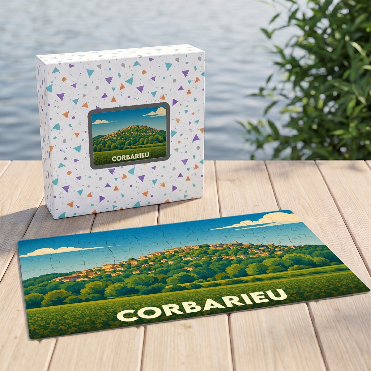 Puzzle souvenir de la ville de Corbarieu avec une illustration stylisée de son paysage vallonné.