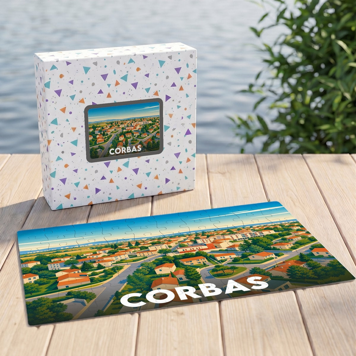 Puzzle souvenir de la ville de Corbas avec une illustration stylisée de son paysage urbain.