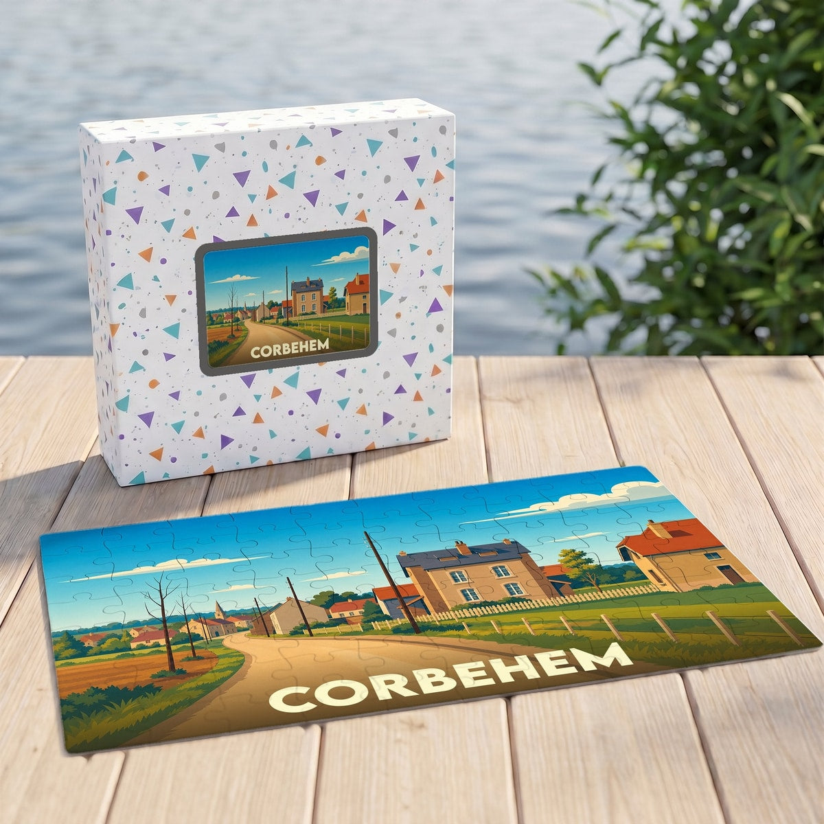 Puzzle souvenir de la ville de Corbehem avec une illustration stylisée et colorée.