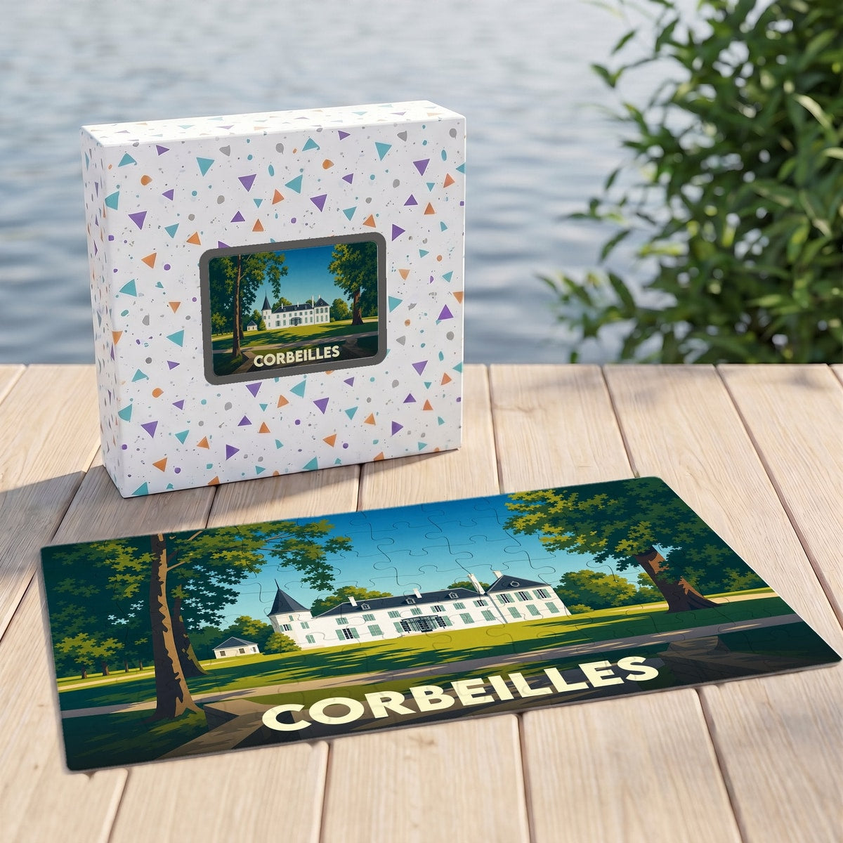 Puzzle souvenir de la ville de Corbeilles illustré d'un château avec son emballage assorti.