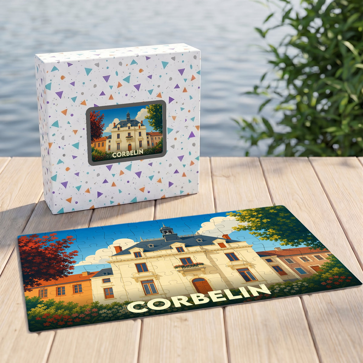 Puzzle souvenir de la ville de Corbelin illustré d'un bâtiment historique dans un style graphique épuré.