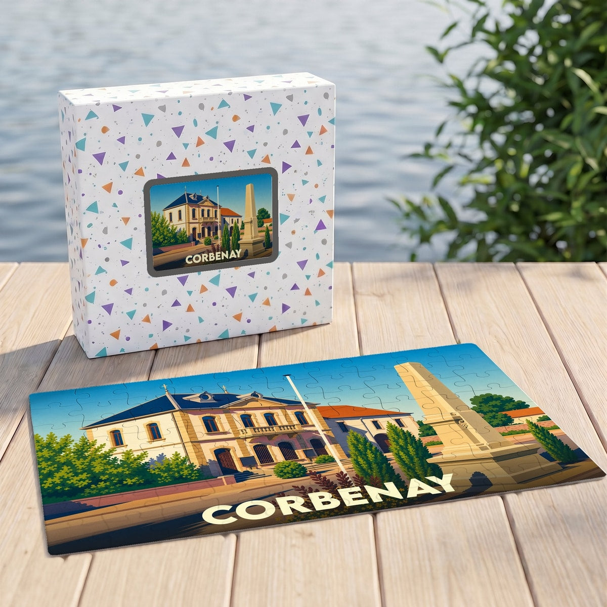 Puzzle souvenir de la ville de Corbenay illustrant son patrimoine architectural.