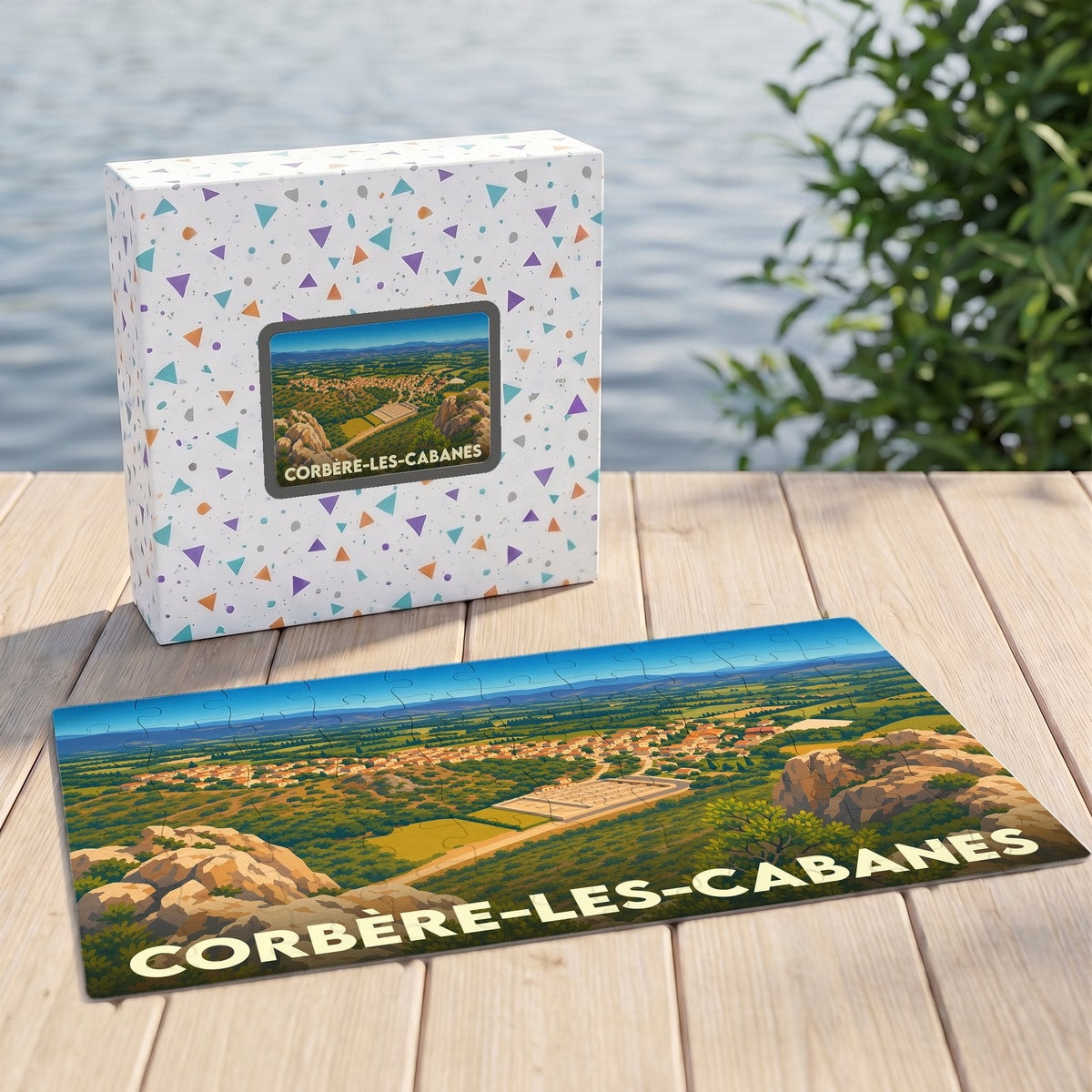 Puzzle souvenir de la ville de Corbère-les-Cabanes avec une illustration panoramique stylisée.