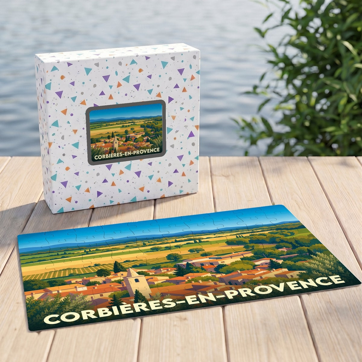 Puzzle souvenir de la ville de Corbières-en-Provence avec une illustration de paysage de style vintage.