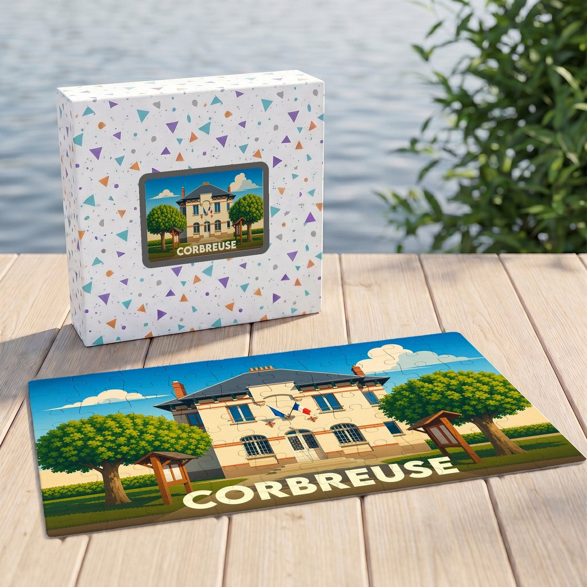 Puzzle souvenir de la ville de Corbreuse avec une illustration stylisée de sa mairie.