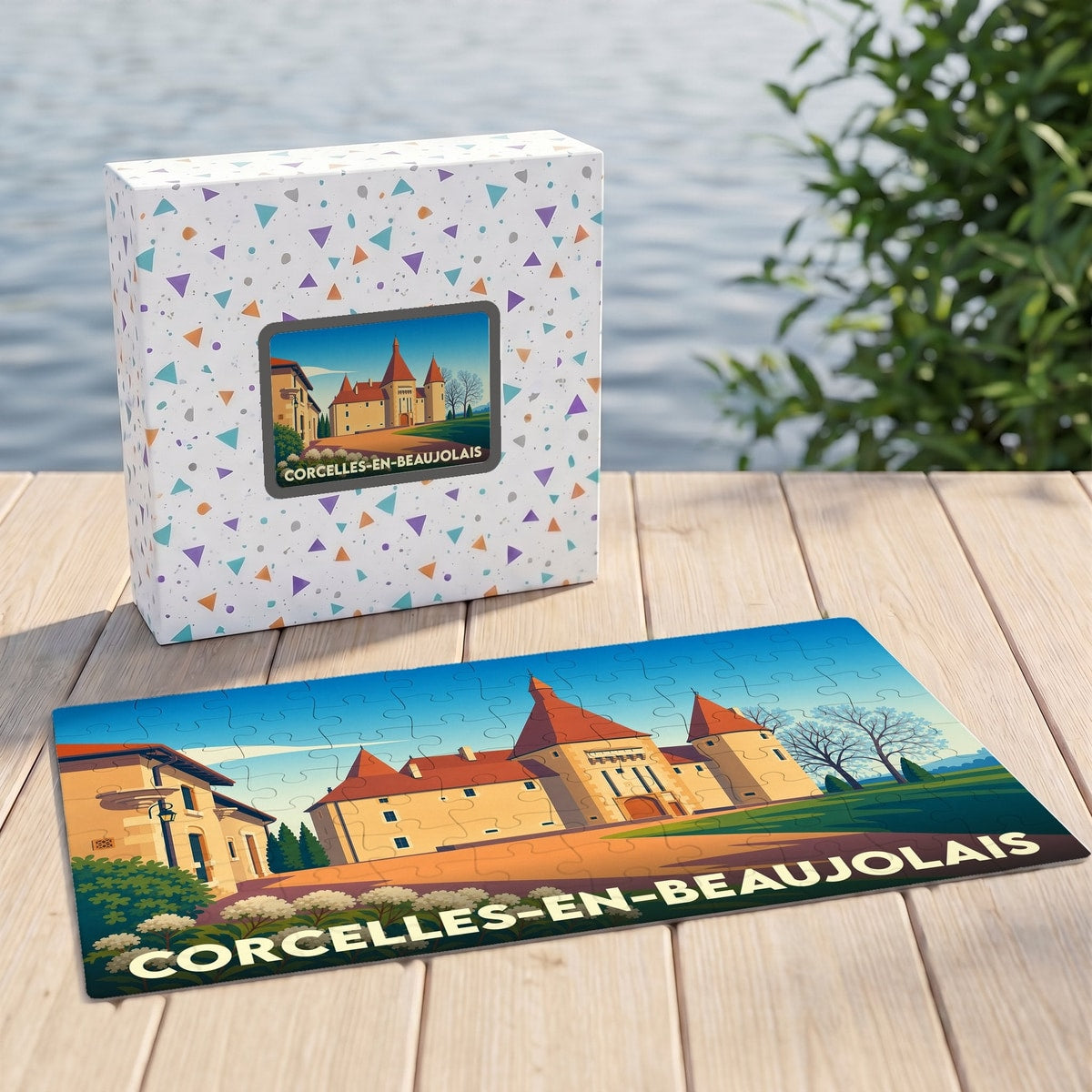 Puzzle souvenir de la ville de Corcelles-en-Beaujolais avec une illustration stylisée de son château.