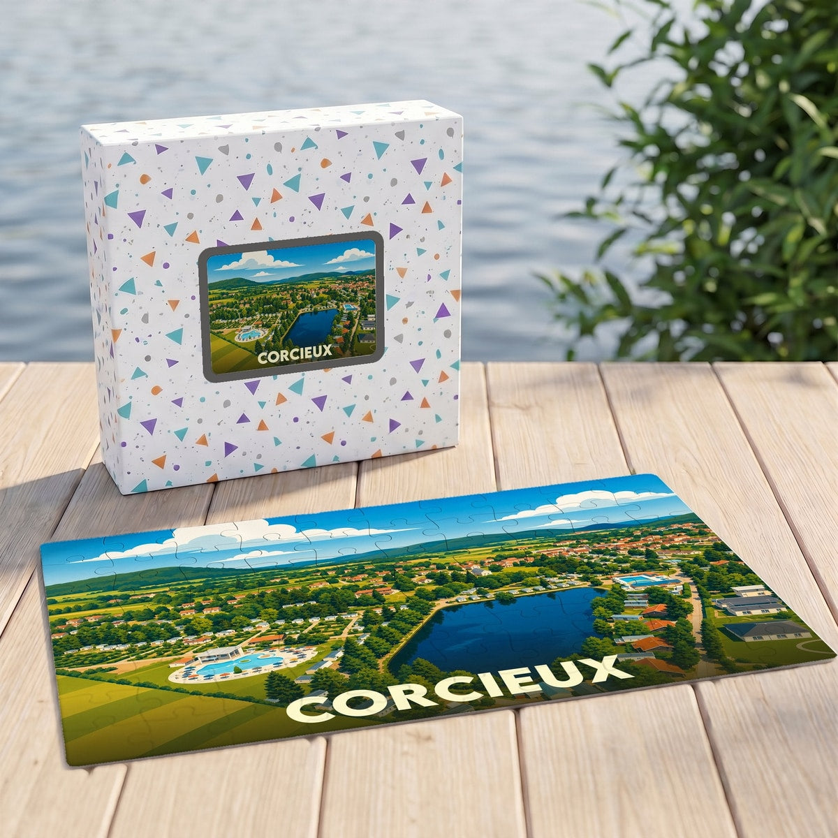 Puzzle souvenir de la ville de Corcieux avec une illustration paysagère stylisée, présenté à côté de sa boîte.