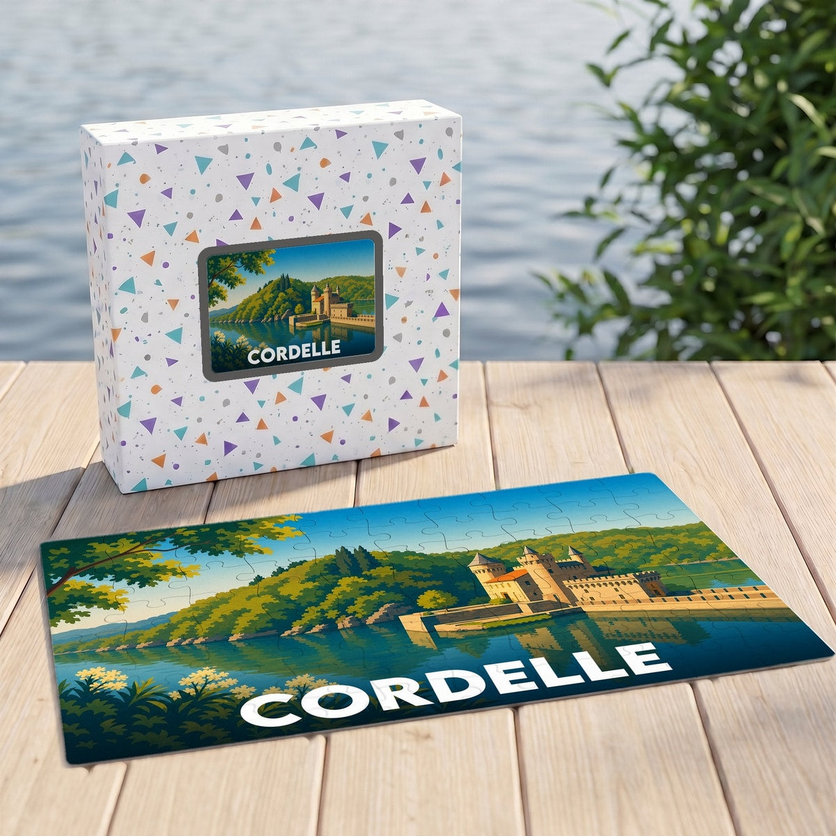 Puzzle souvenir de la ville de Cordelle avec une illustration de château au bord de l'eau.
