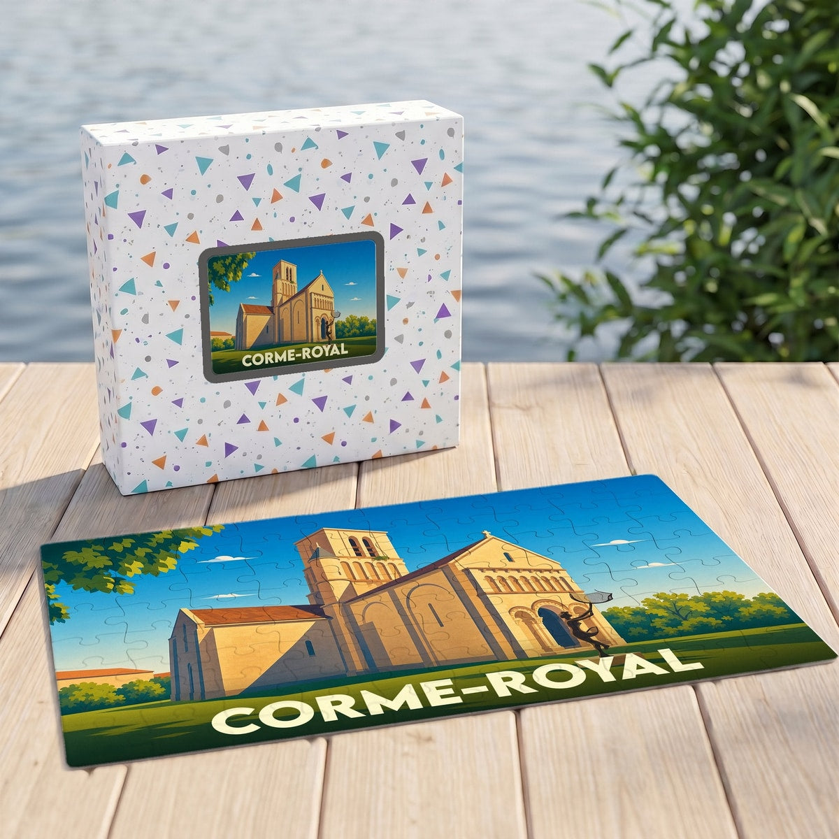 Puzzle souvenir de la ville de Corme-Royal avec une illustration stylisée de son église romane.