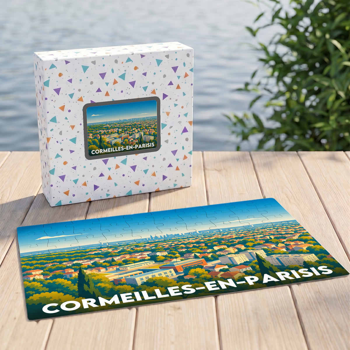 Puzzle souvenir de la ville de Cormeilles-en-Parisis avec une illustration panoramique stylisée et sa boîte assortie.
