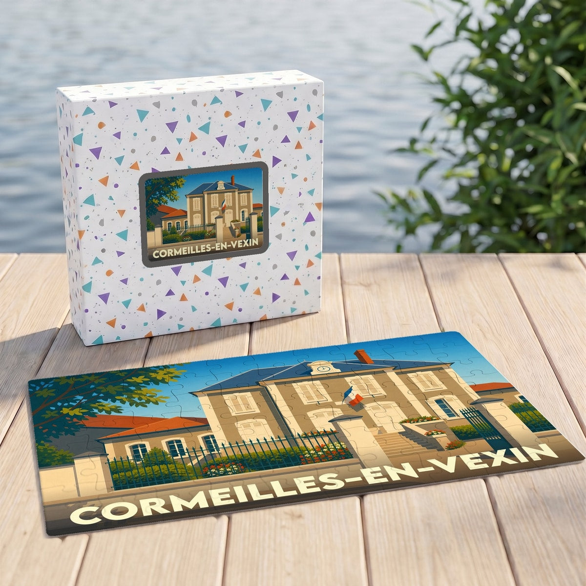 Puzzle souvenir de la ville de Cormeilles-en-Vexin avec une illustration stylisée de sa mairie.