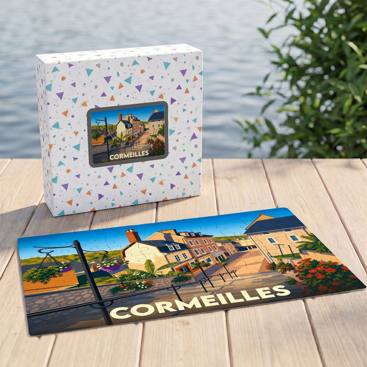 Puzzle souvenir de la ville de Cormeilles illustré d'une scène urbaine colorée et présenté avec sa boîte assortie.
