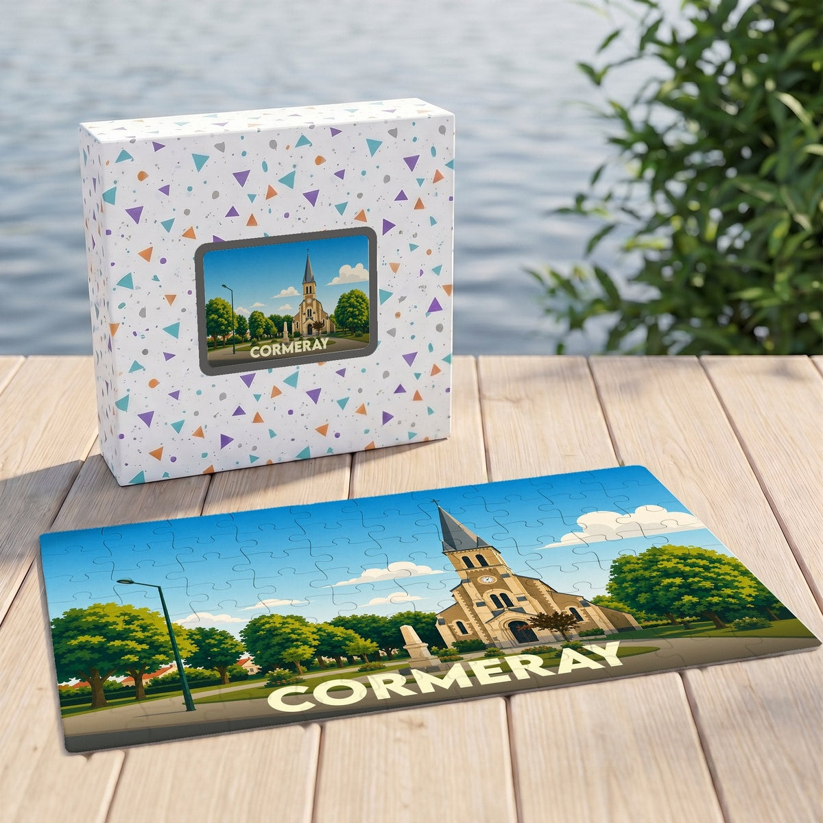 Puzzle souvenir de la ville de Cormeray avec une illustration stylisée d'une église.