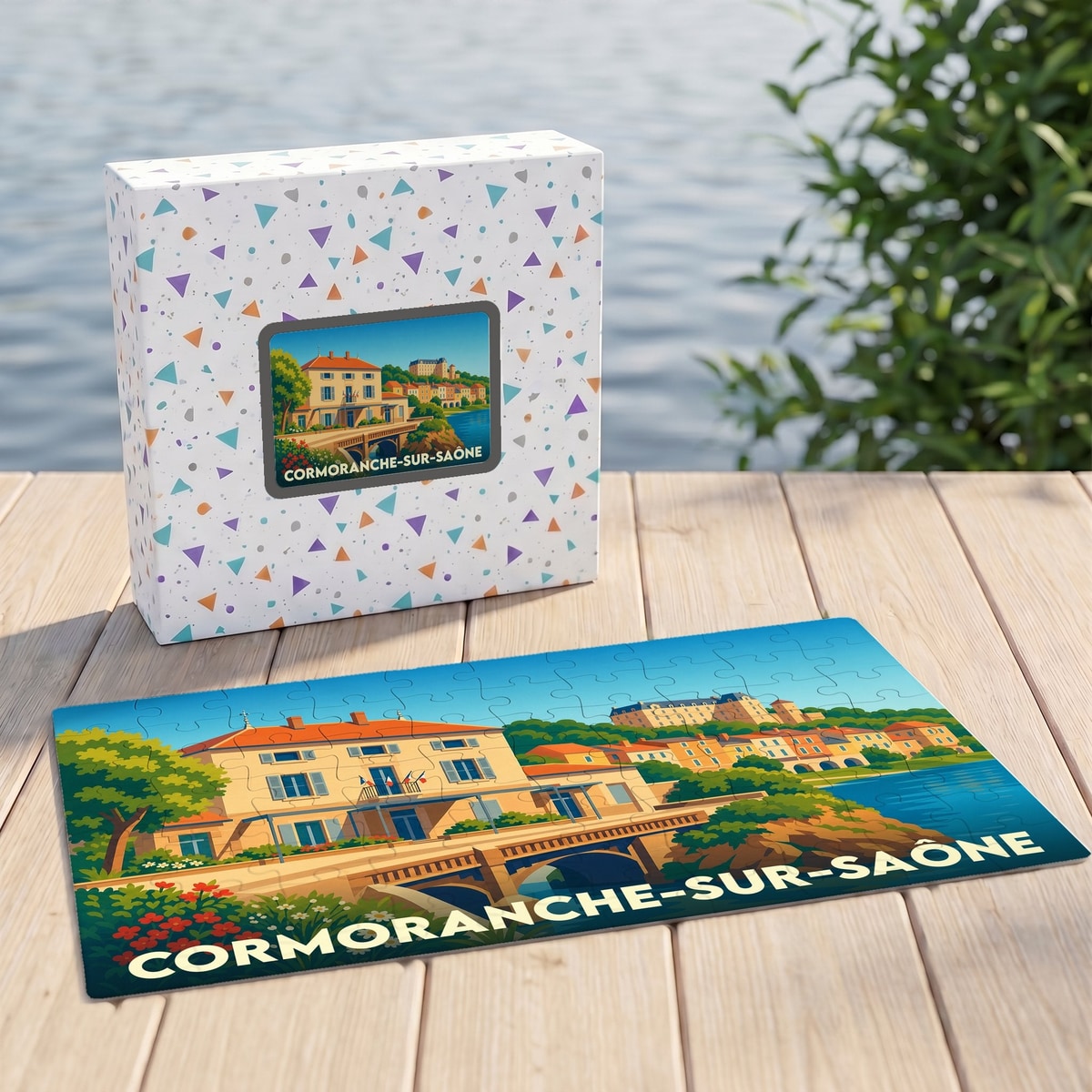 Puzzle souvenir de la ville de Cormoranche-sur-Saône avec une illustration stylisée.