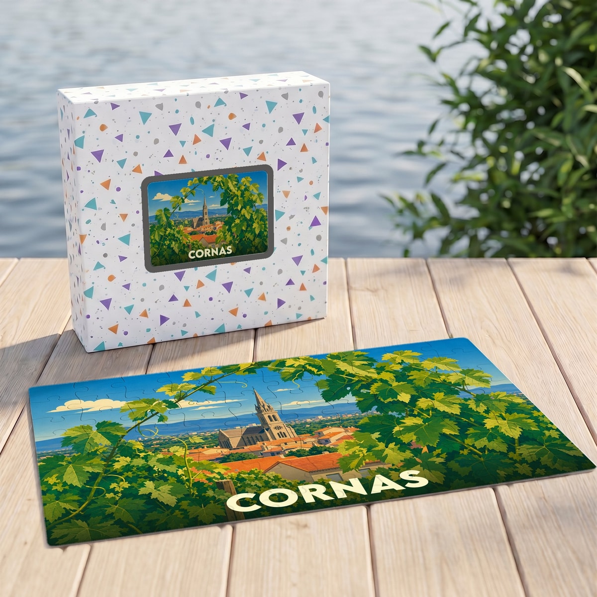 Puzzle souvenir de la ville de Cornas avec une illustration stylisée de son église et de ses vignobles.