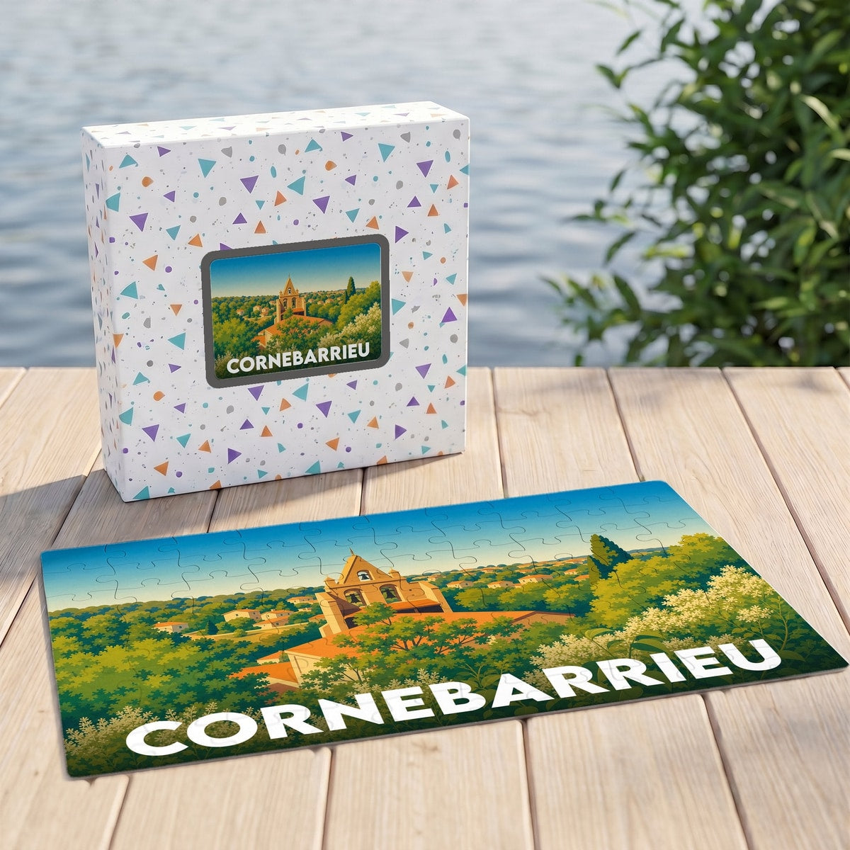 Puzzle souvenir de la ville de Cornebarrieu illustré d'un paysage coloré et stylisé.