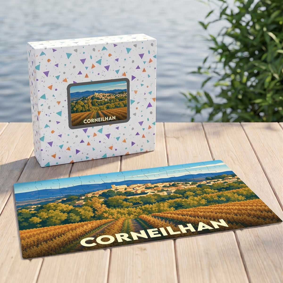 Puzzle souvenir de la ville de Corneilhan avec une illustration stylisée de ses vignobles et son village.