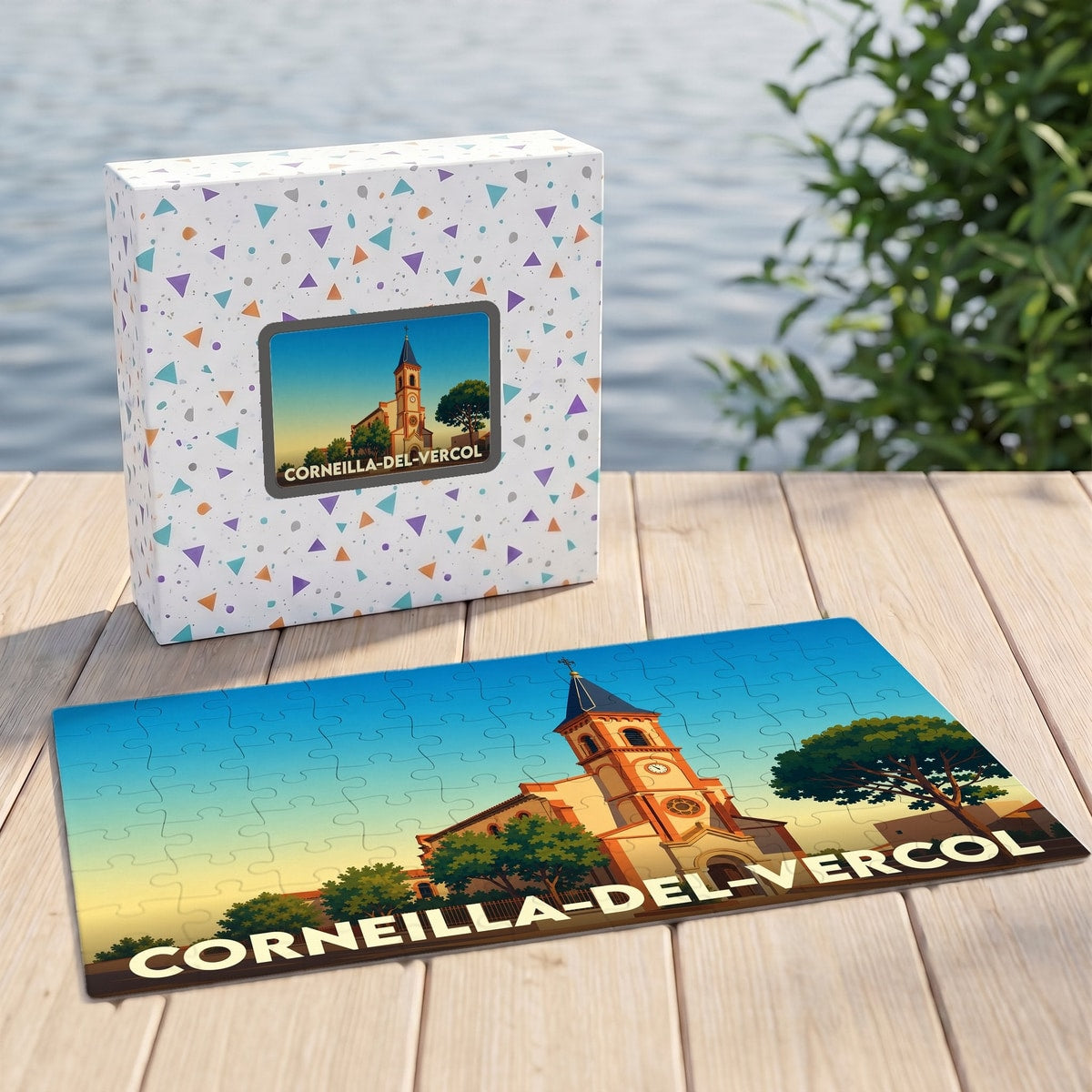 Puzzle souvenir de la ville de Corneilla-del-Vercol avec une illustration stylisée de son église.