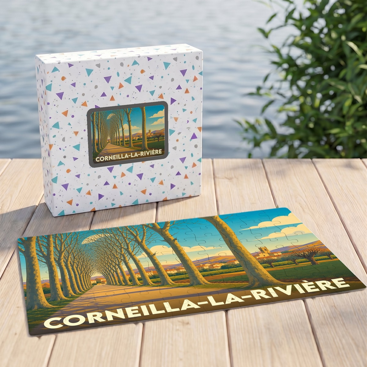 Puzzle souvenir de la ville de Corneilla-la-Rivière avec une illustration stylisée d'une allée d'arbres.