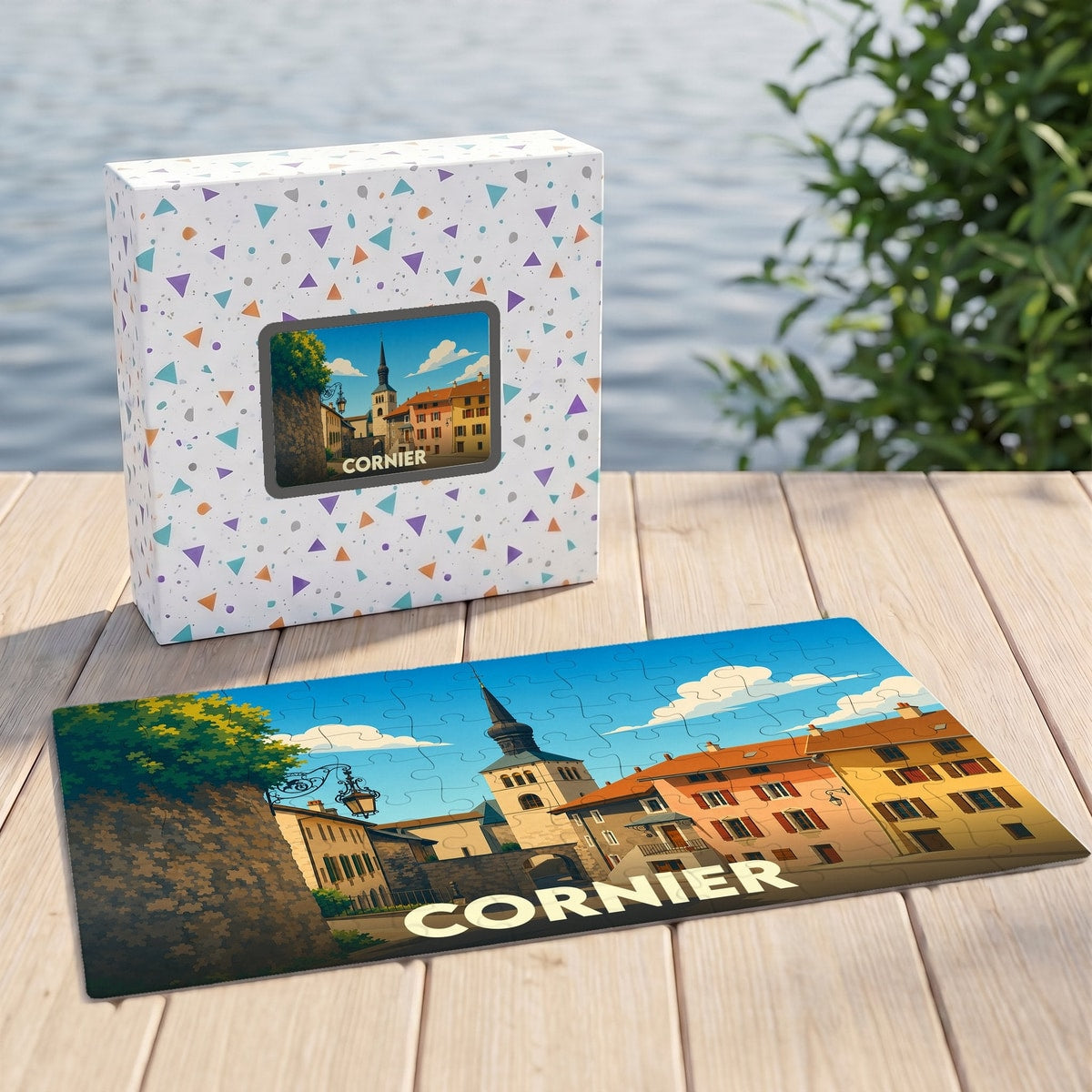 Puzzle souvenir de la ville de Cornier avec une illustration stylisée de son architecture.
