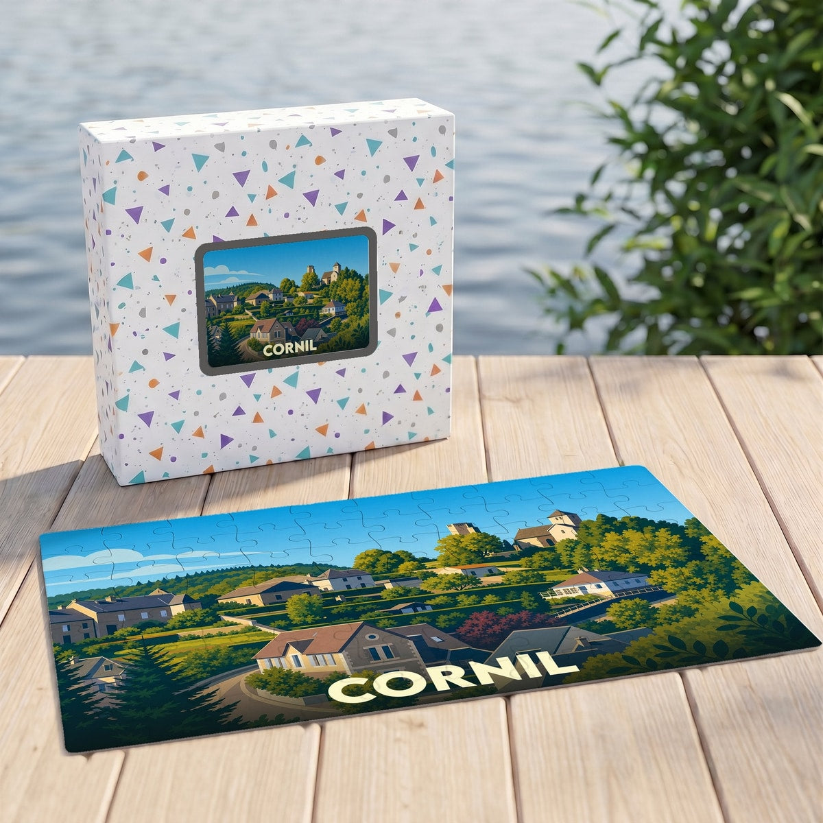 Puzzle souvenir de la ville de Cornil avec une illustration paysagère stylisée.