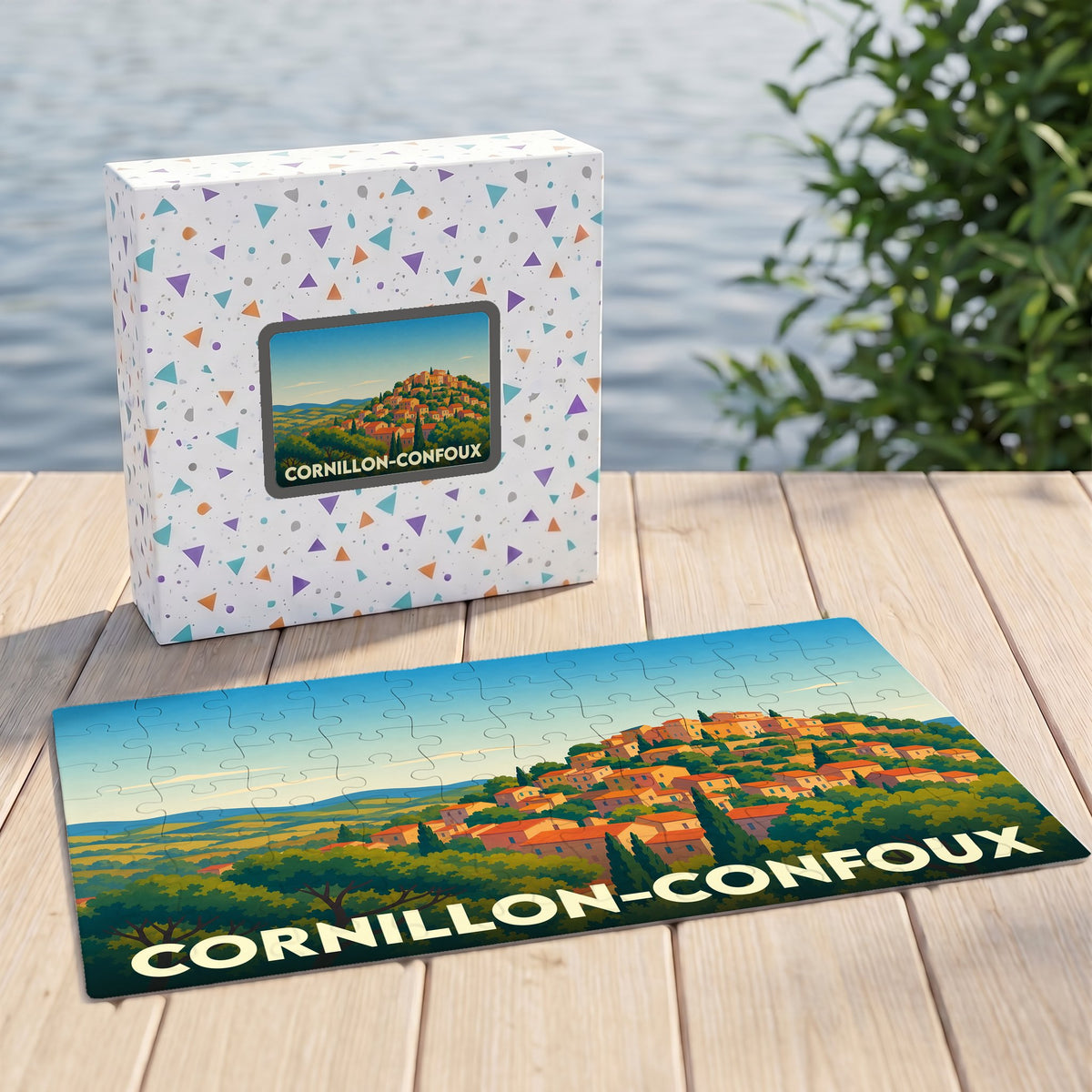 Puzzle souvenir de la ville de Cornillon-Confoux avec une illustration paysagère stylisée.