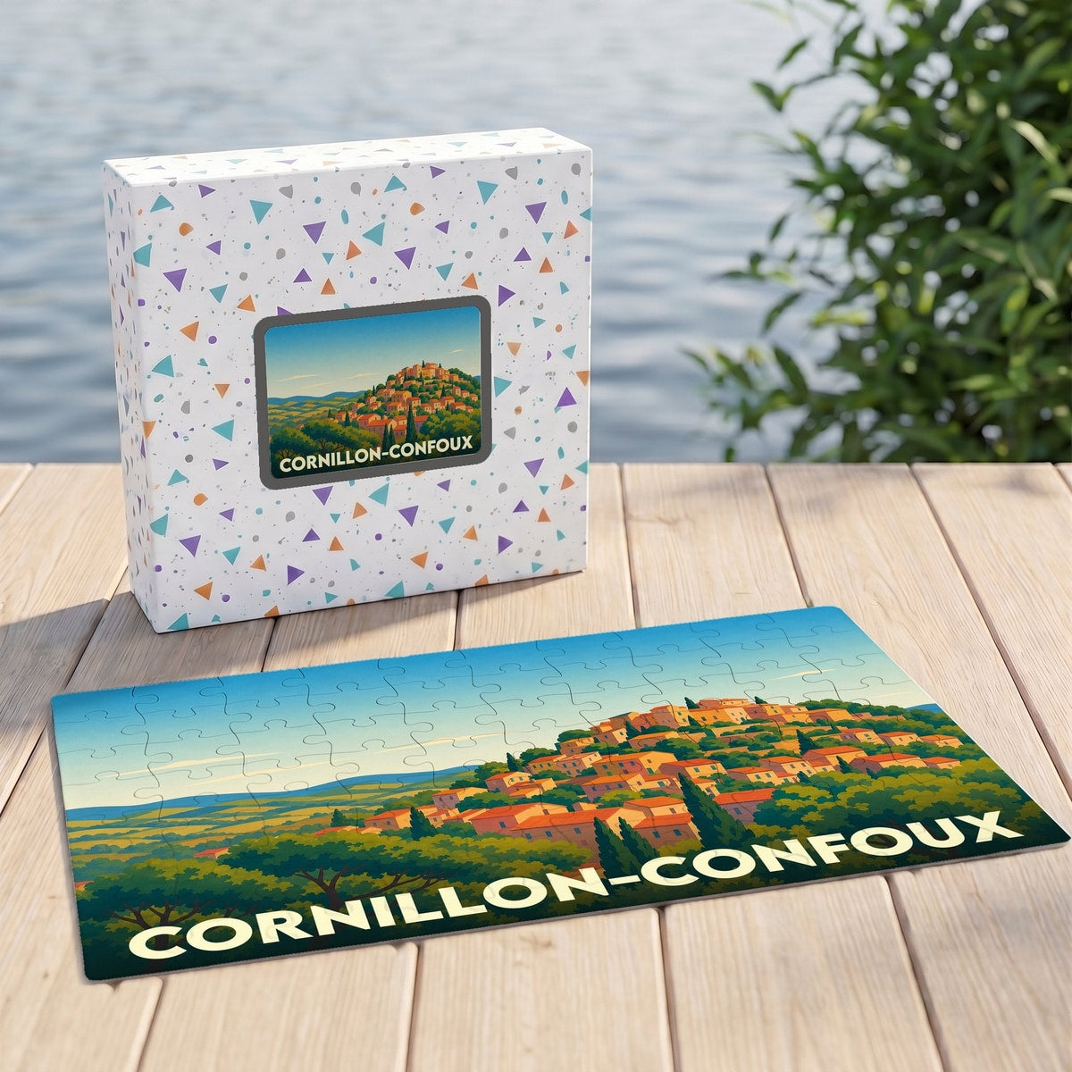 Puzzle souvenir de la ville de Cornillon-Confoux avec une illustration paysagère stylisée.