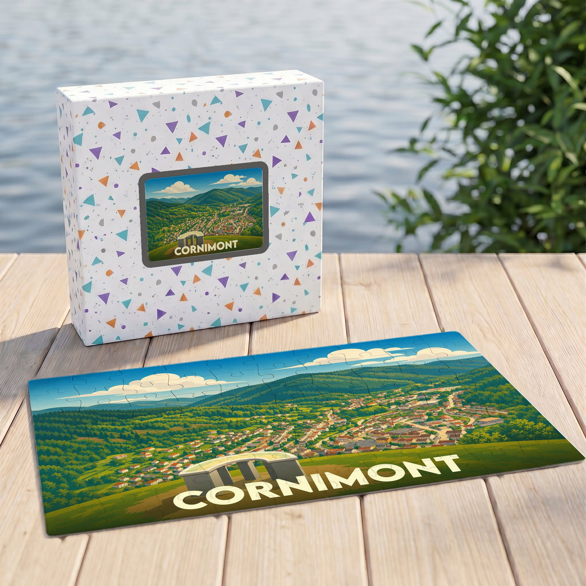 Puzzle souvenir de la ville de Cornimont avec une illustration stylisée d'un paysage de montagne.