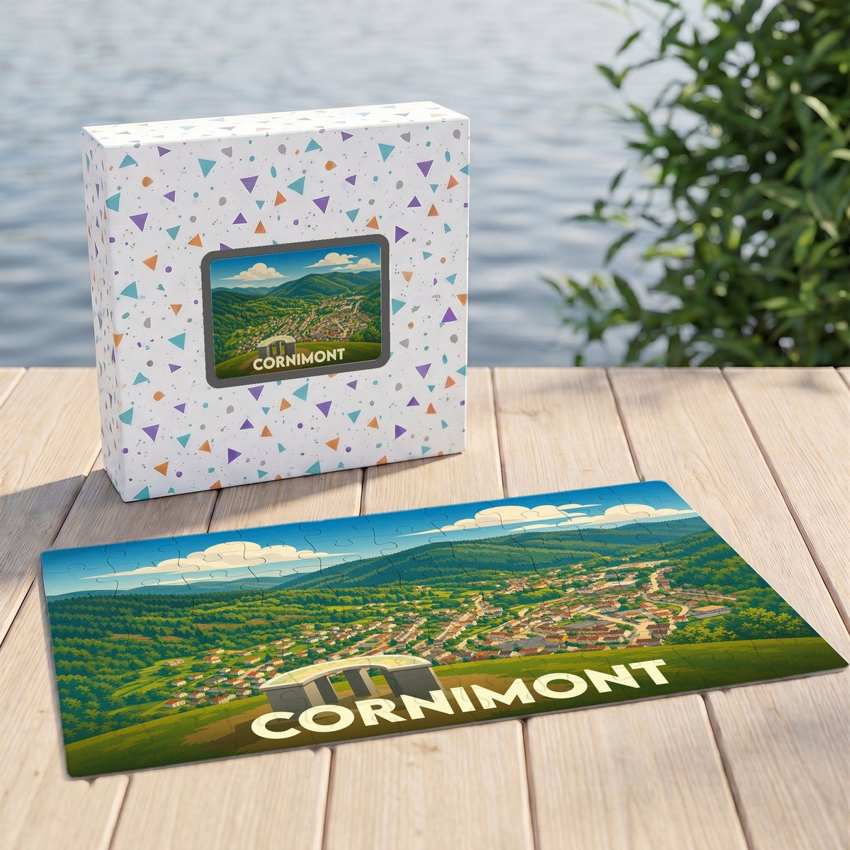 Puzzle souvenir de la ville de Cornimont avec une illustration stylisée d'un paysage de montagne.