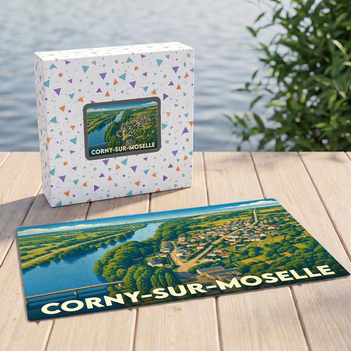 Puzzle souvenir de la ville de Corny-sur-Moselle avec une illustration aérienne stylisée.