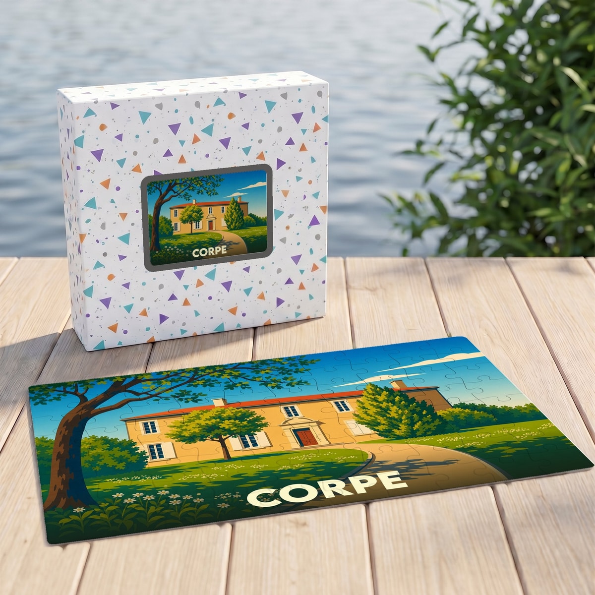 Puzzle souvenir de la ville de Corpe avec une illustration stylisée d'une maison de maître et son jardin.