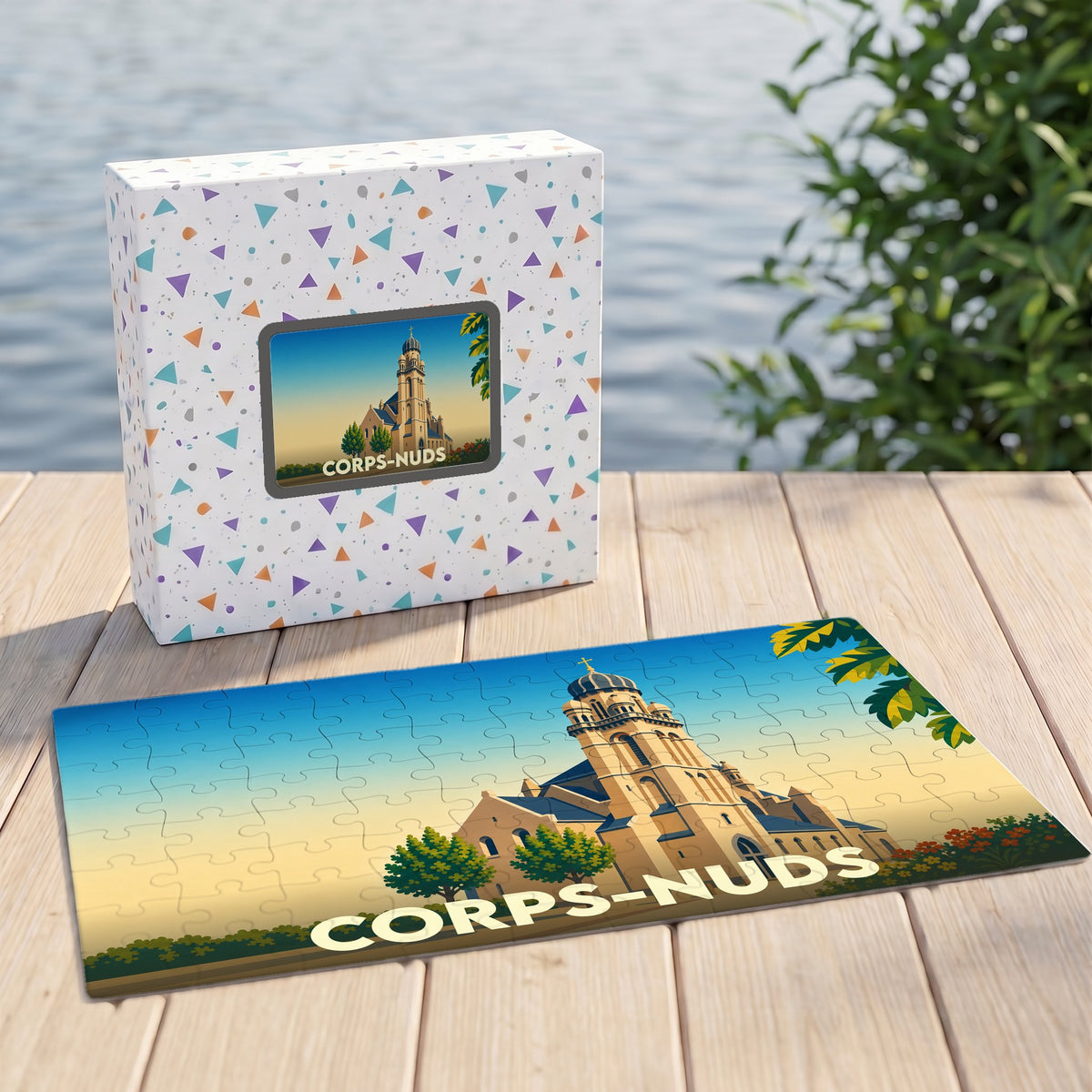 Puzzle souvenir de la ville de Corps-Nuds avec une illustration stylisée de son église emblématique.